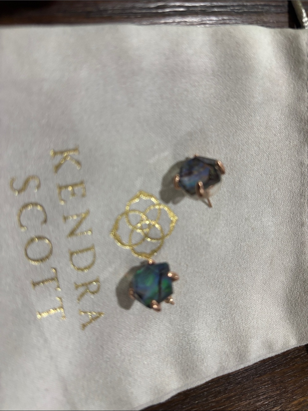Kendra Scott Rose Gold Stud Earrings with Iridescent Gray Stones